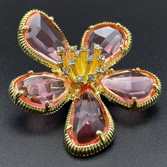 Yellow Gold with Pink Sapphire and White Diamond Crystal Flower Pin Back Brooch - Picture 2 of 8